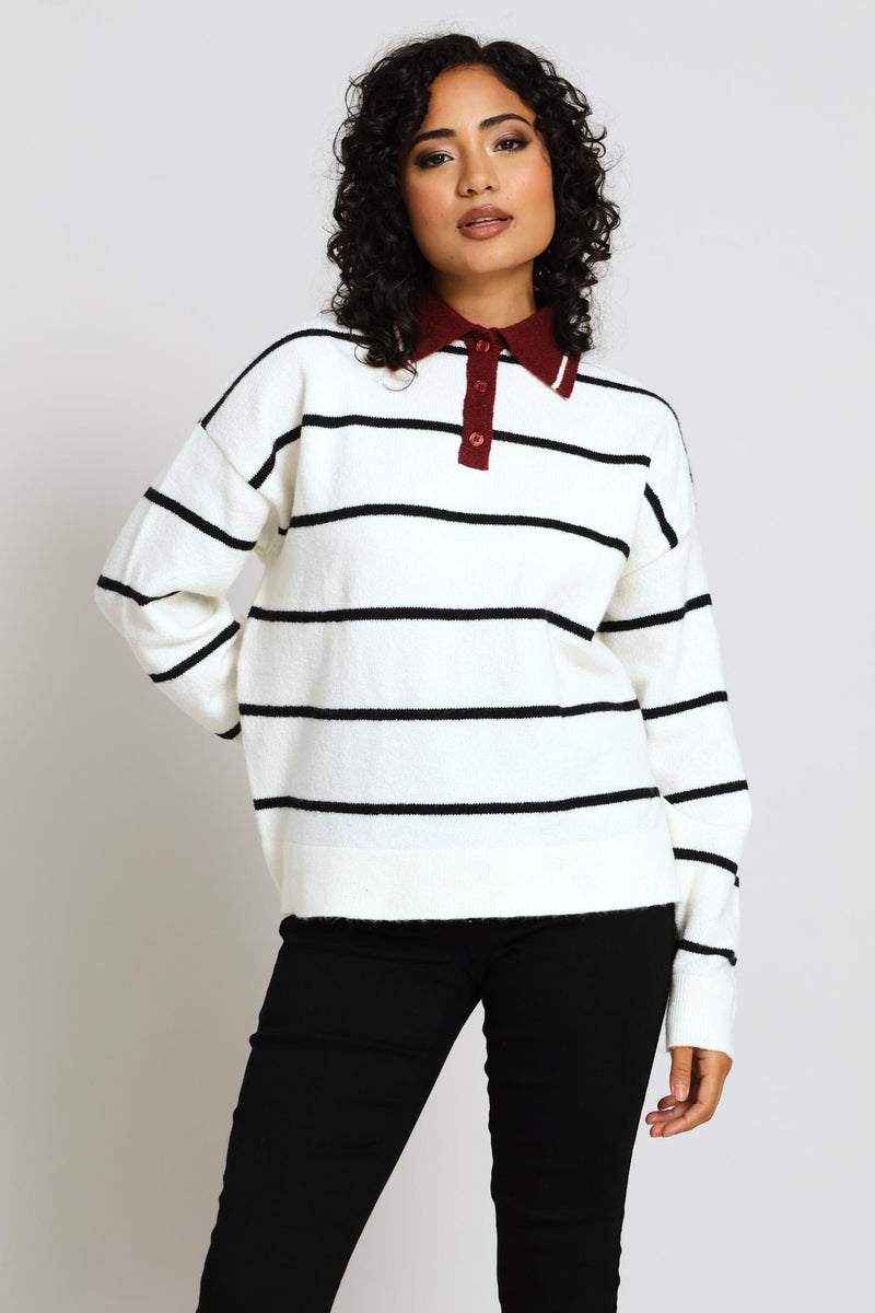 Long Sleeve Button Rugby Sweater - White/Burgundy
