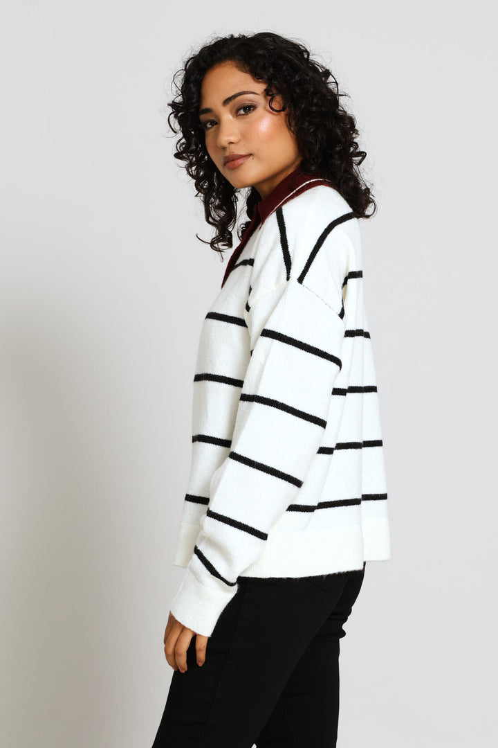 Long Sleeve Button Rugby Sweater - White/Burgundy