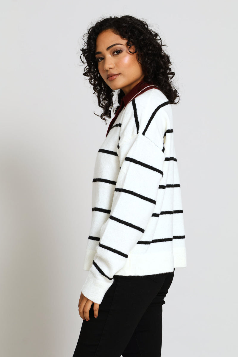 Long Sleeve Button Rugby Sweater - White/Burgundy