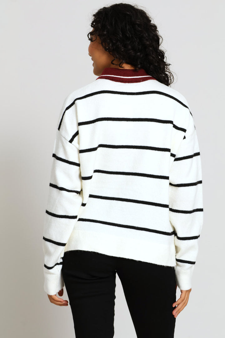 Long Sleeve Button Rugby Sweater - White/Burgundy