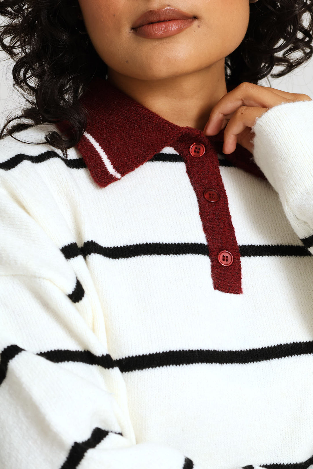 Long Sleeve Button Rugby Sweater - White/Burgundy