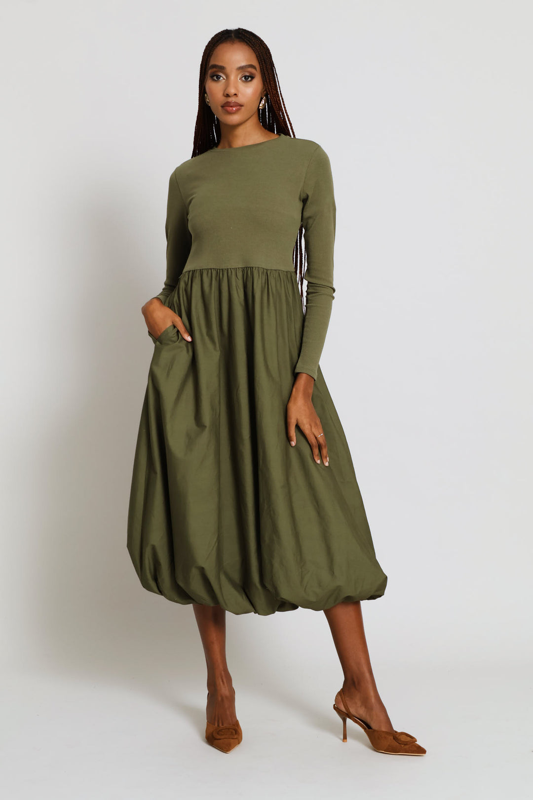 Long Sleeve Rib Combo Bubble Hem Midaxi Dress - Fatigue