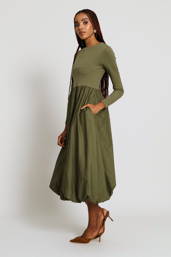 Long Sleeve Rib Combo Bubble Hem Midaxi Dress - Fatigue