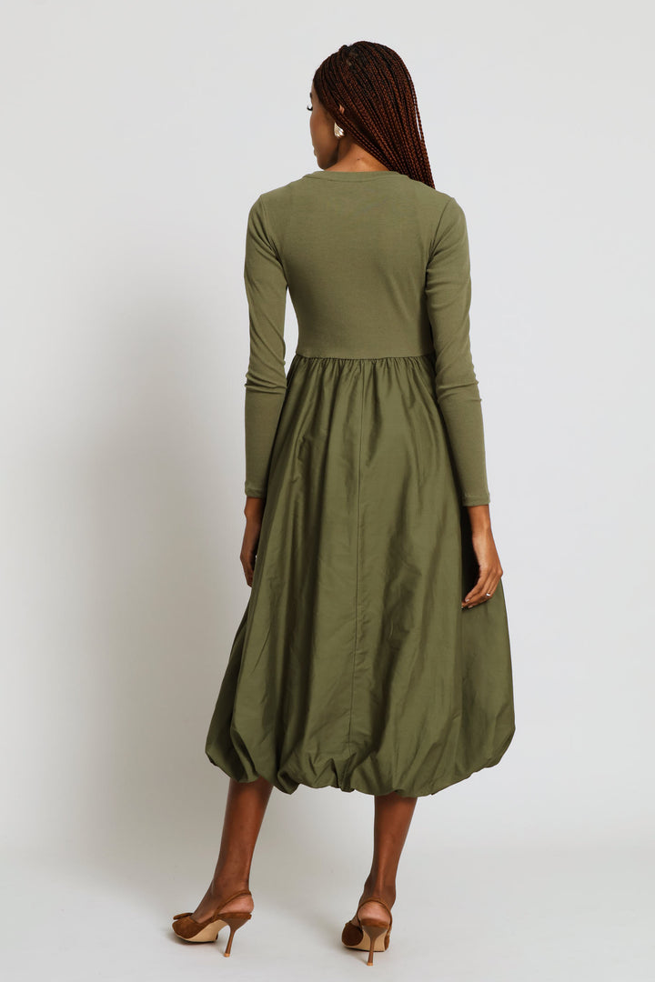 Long Sleeve Rib Combo Bubble Hem Midaxi Dress - Fatigue