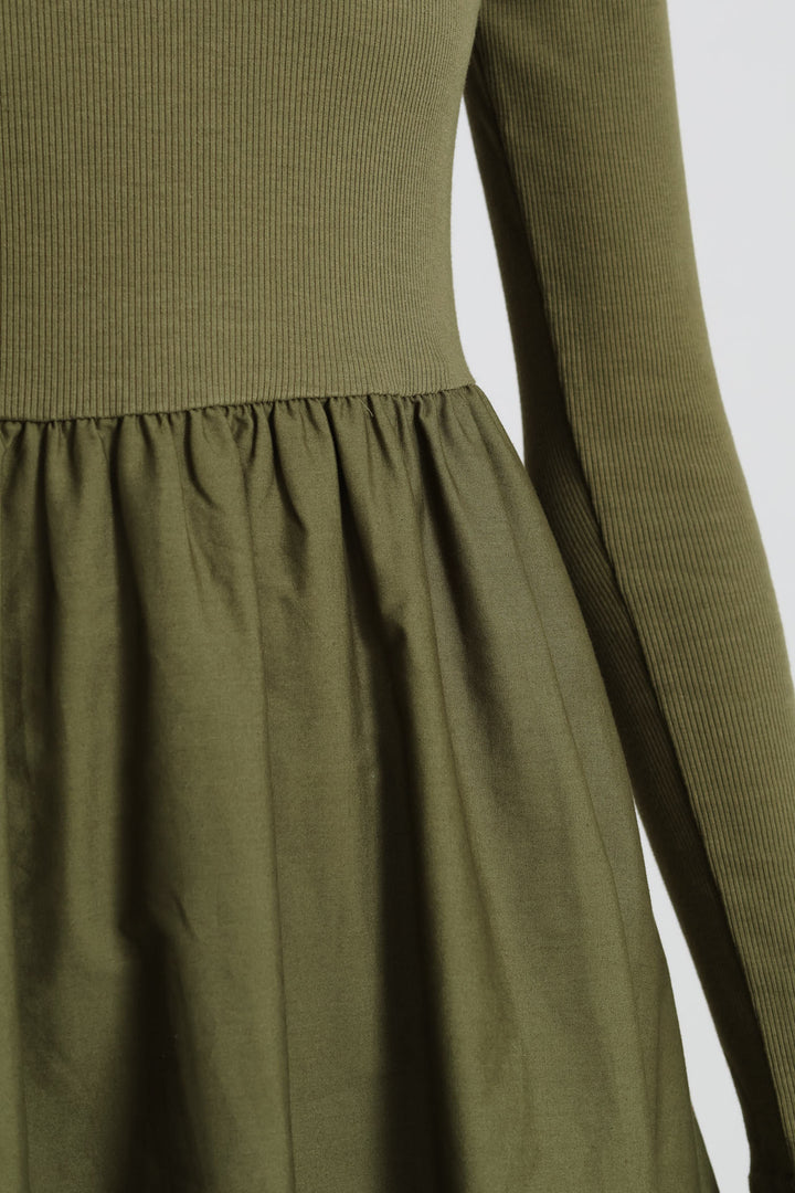 Long Sleeve Rib Combo Bubble Hem Midaxi Dress - Fatigue