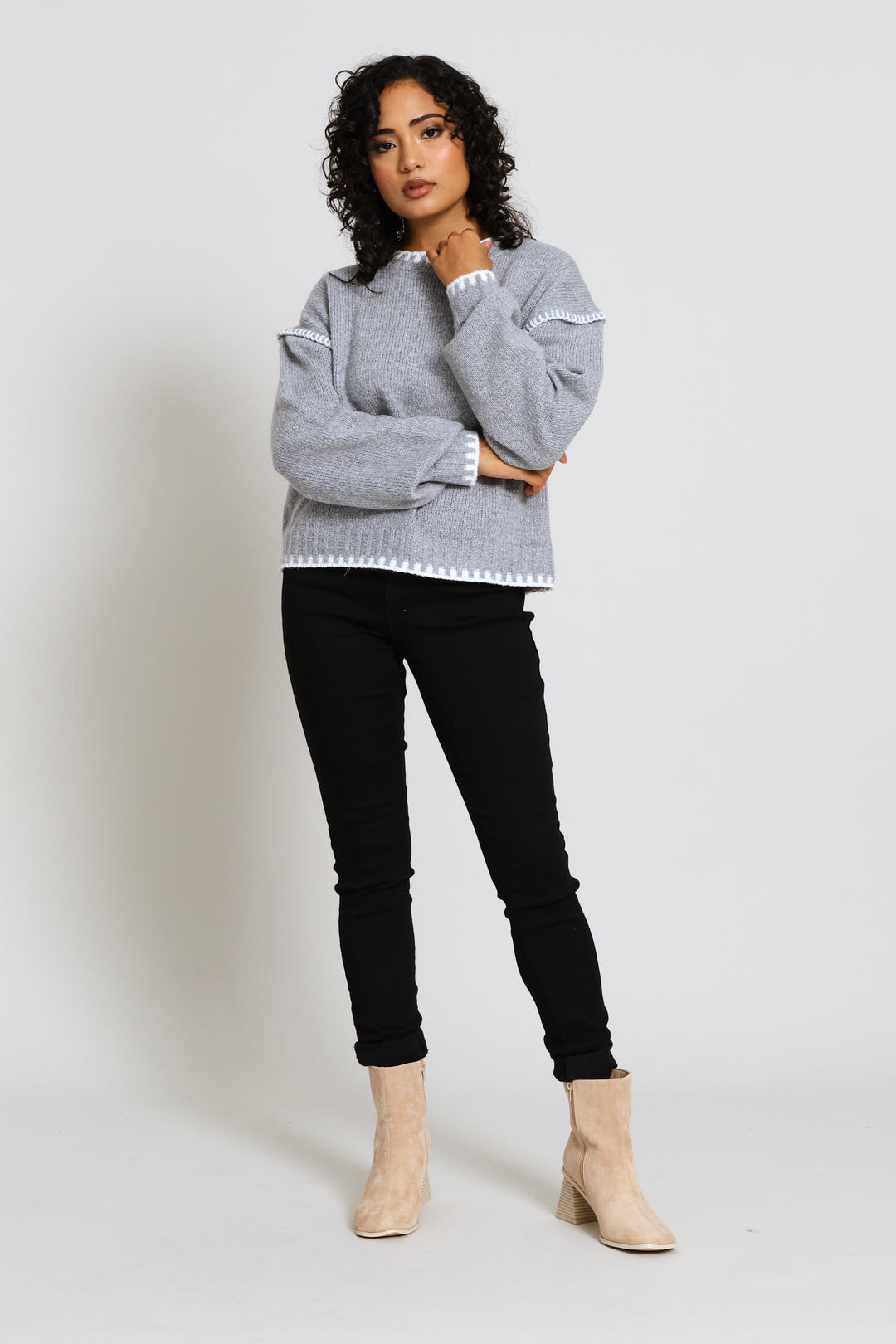 Blanket Stitch Pullover - Mid Grey