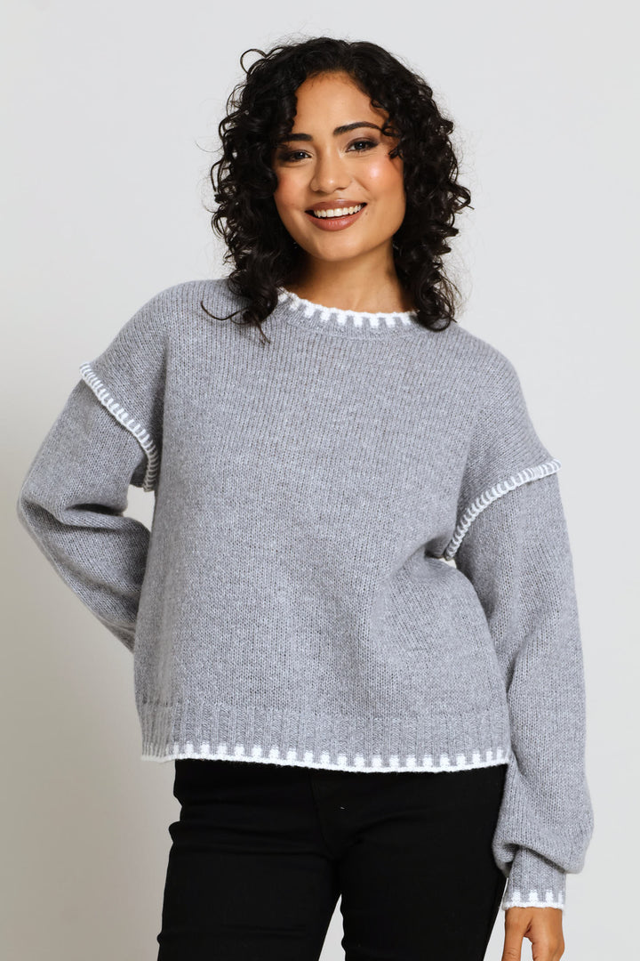 Blanket Stitch Pullover - Mid Grey