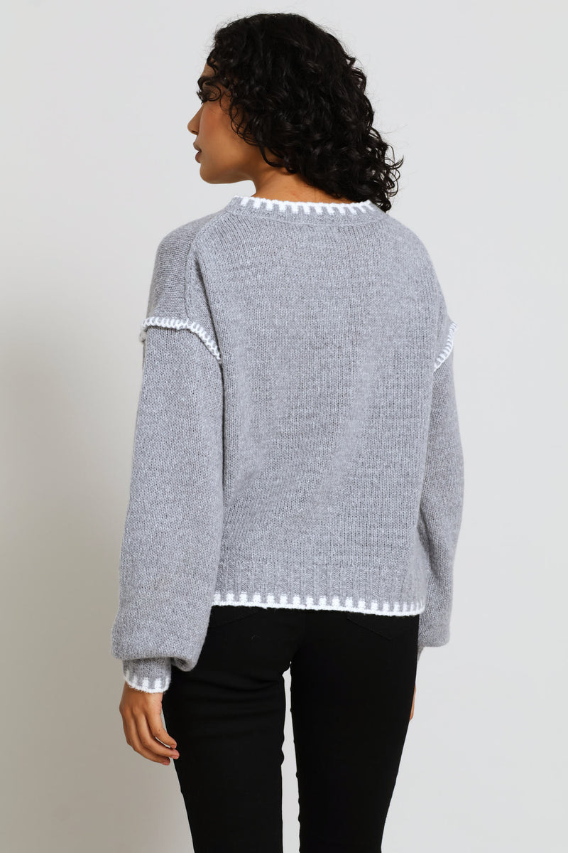 Blanket Stitch Pullover - Mid Grey