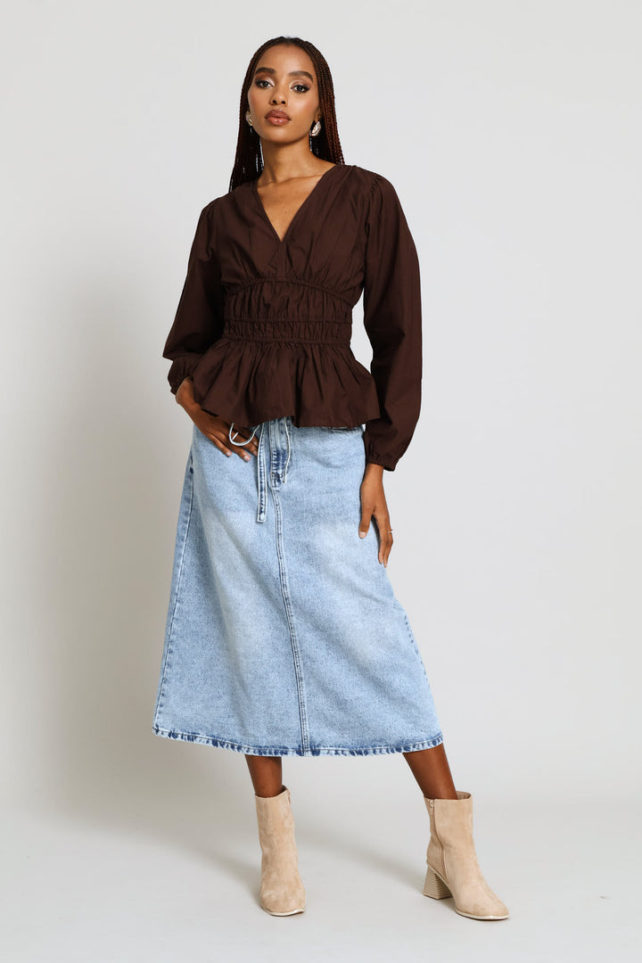 Puff Sleeve V-Neck Peplum Blouse - Dark Chocolate