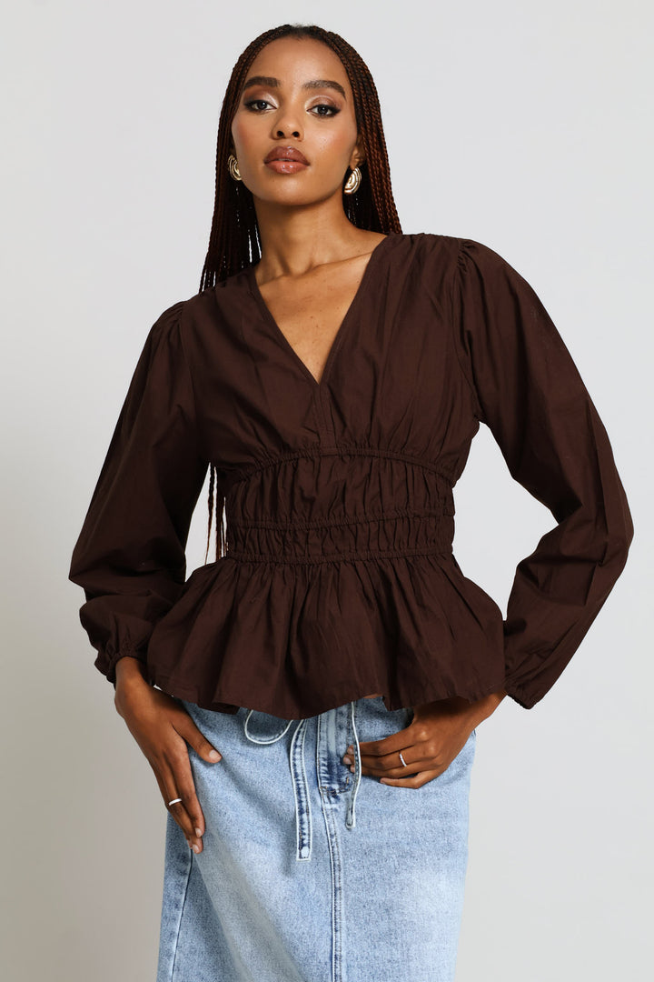 Puff Sleeve V-Neck Peplum Blouse - Dark Chocolate