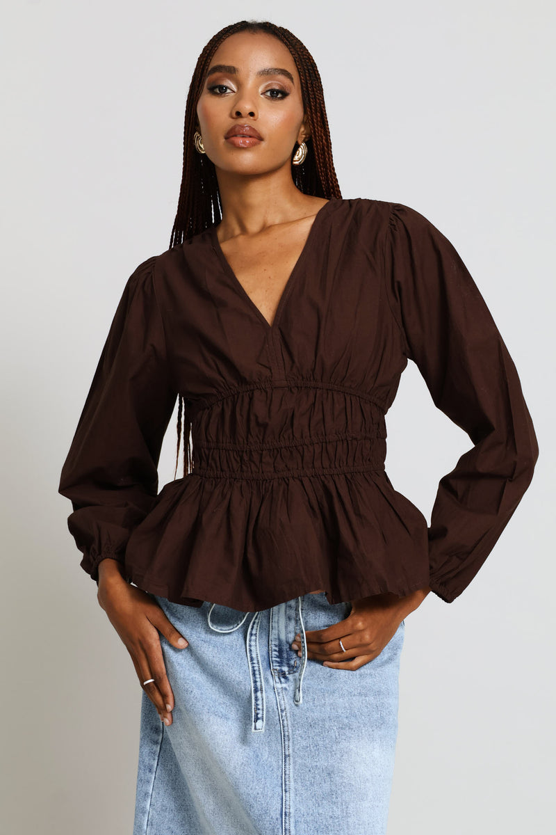 Puff Sleeve V-Neck Peplum Blouse - Dark Chocolate