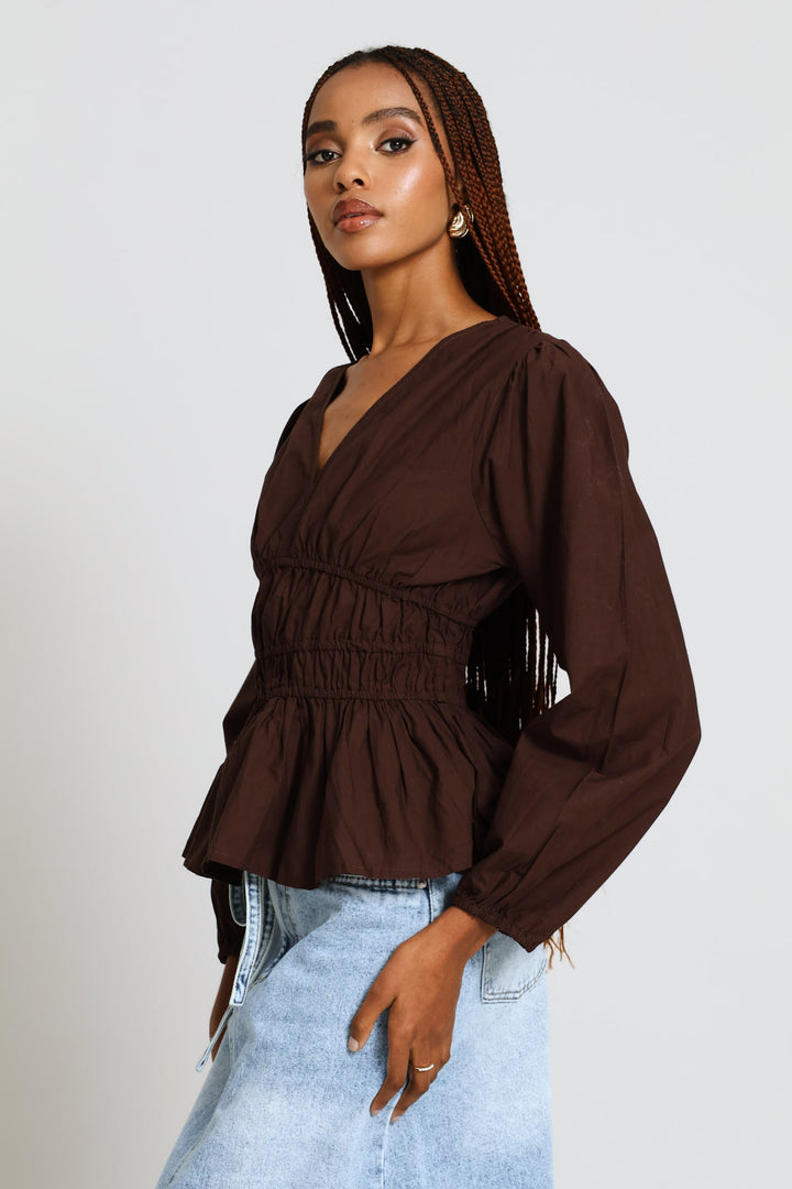 Puff Sleeve V-Neck Peplum Blouse - Dark Chocolate