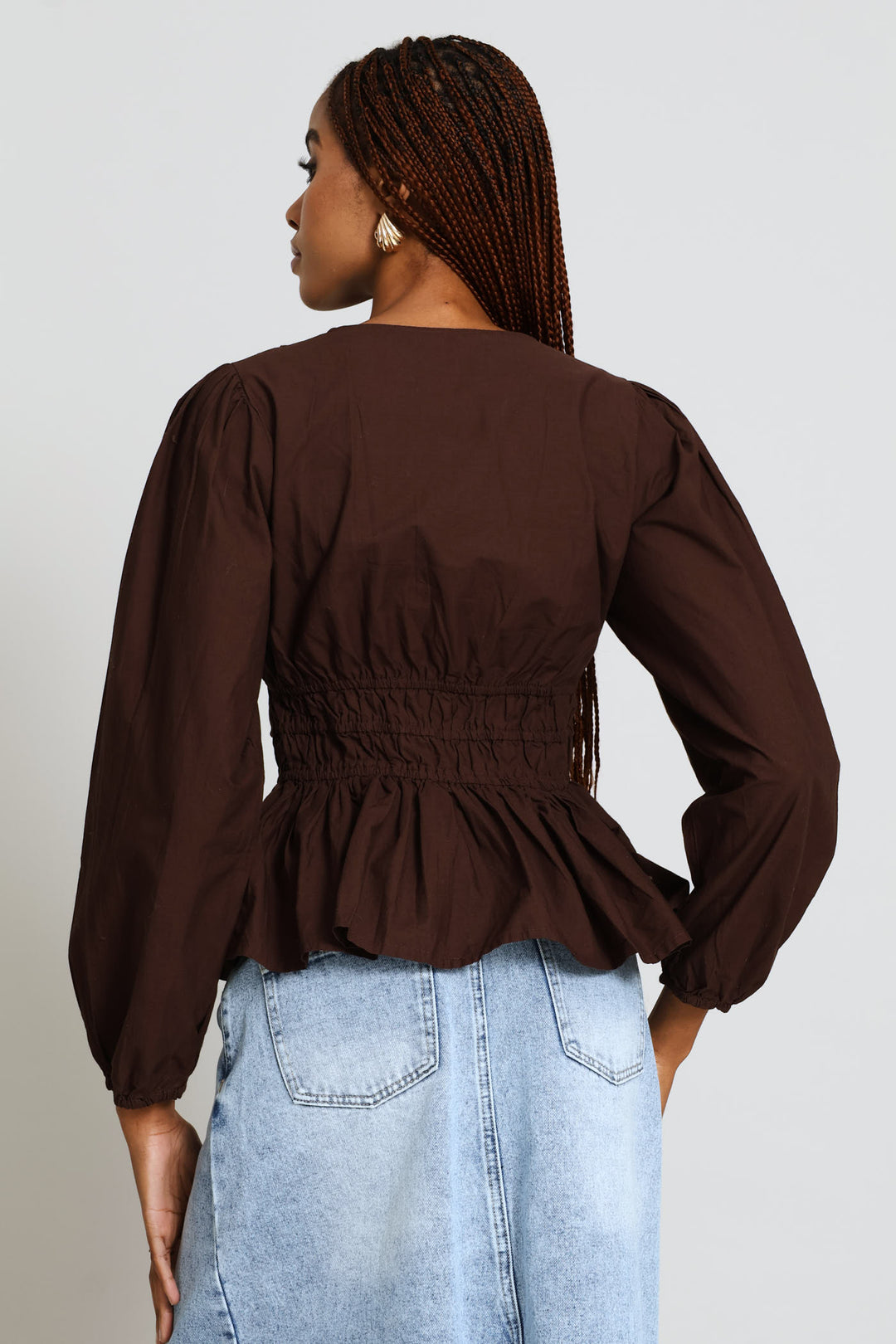 Puff Sleeve V-Neck Peplum Blouse - Dark Chocolate