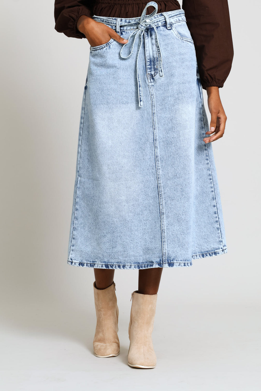 Self Belted Denim Midi Skirt - Light Wash