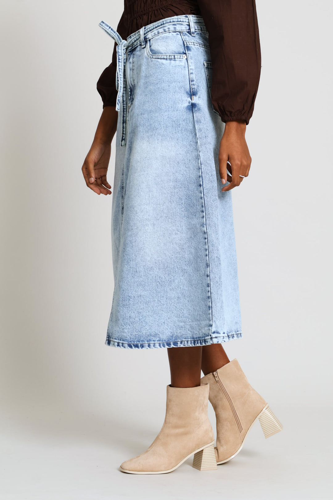 Self Belted Denim Midi Skirt - Light Wash