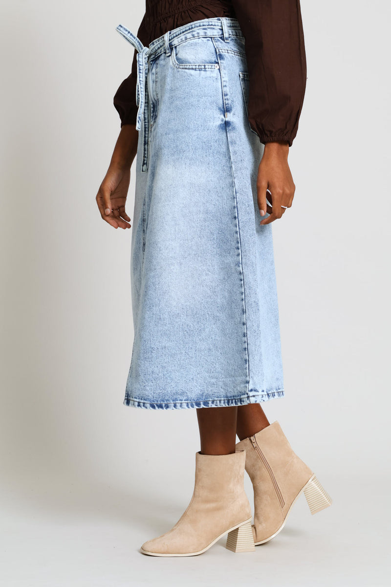 Self Belted Denim Midi Skirt - Light Wash