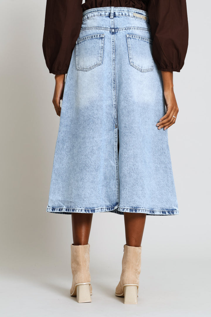 Self Belted Denim Midi Skirt - Light Wash