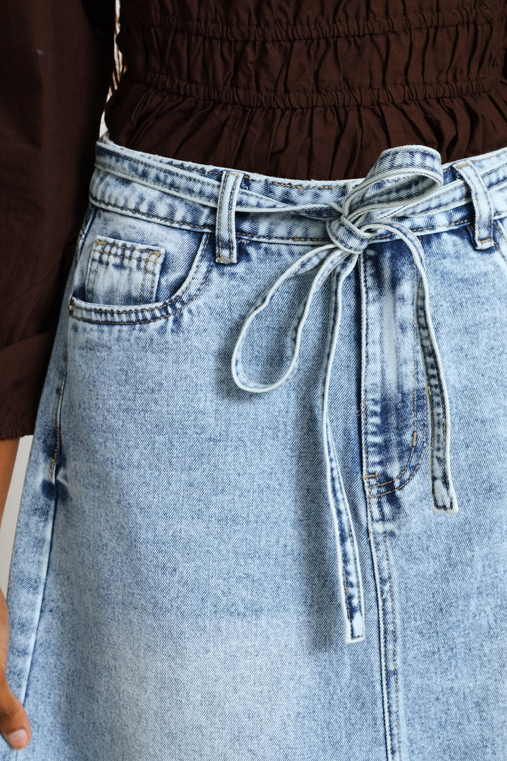 Self Belted Denim Midi Skirt - Light Wash