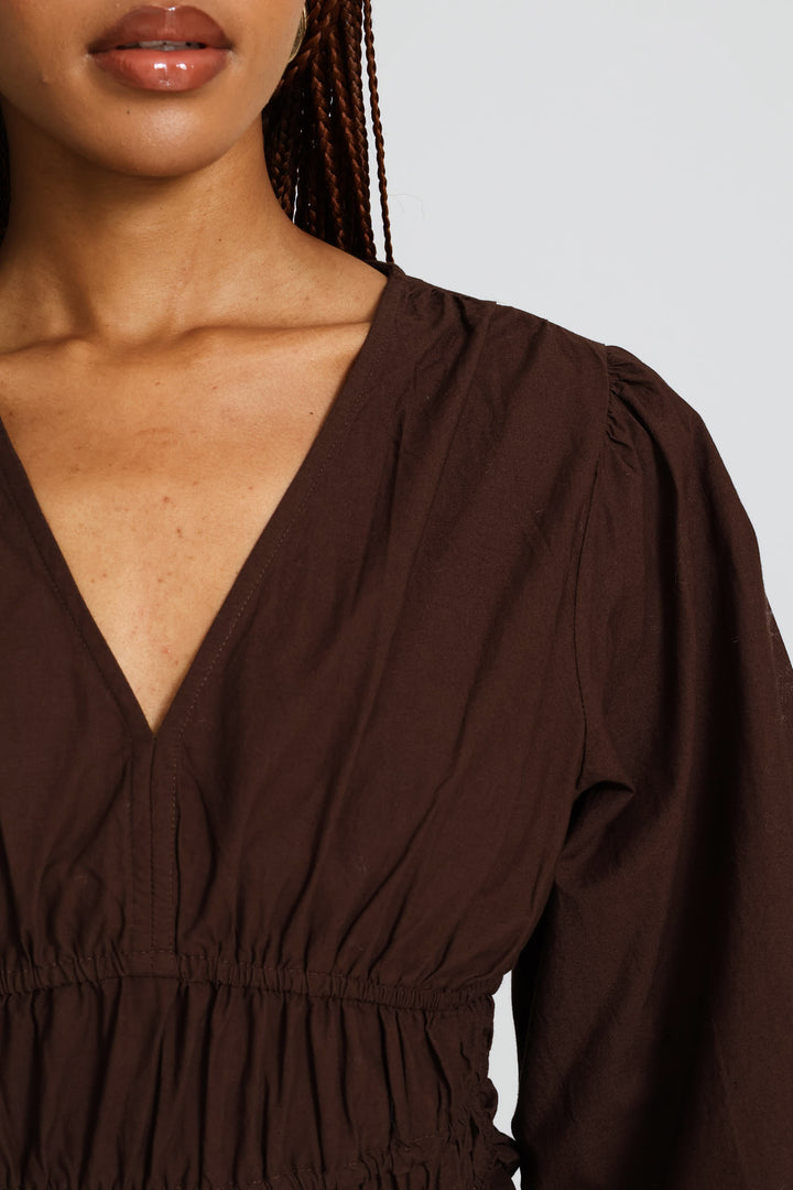 Puff Sleeve V-Neck Peplum Blouse - Dark Chocolate