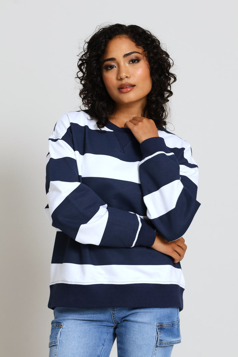 Long Sleeve Stripe Pullover - White/Navy