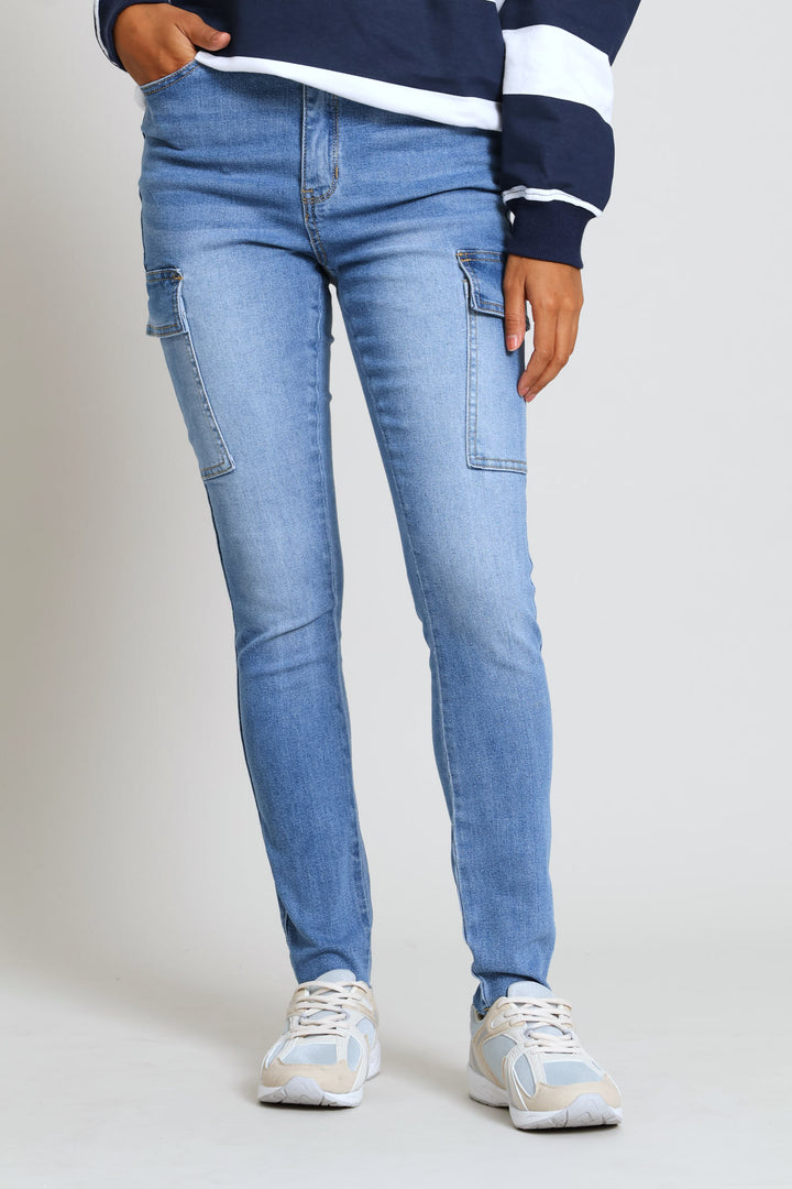 Hi-Rise Cargo Pocket Skinny Denim - Light Wash