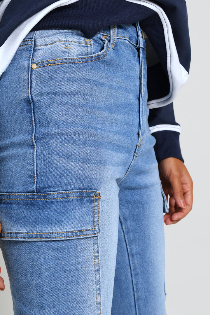Hi-Rise Cargo Pocket Skinny Denim - Light Wash