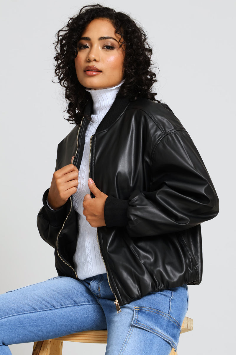 Bubble Hem Bomber Jacket - Black