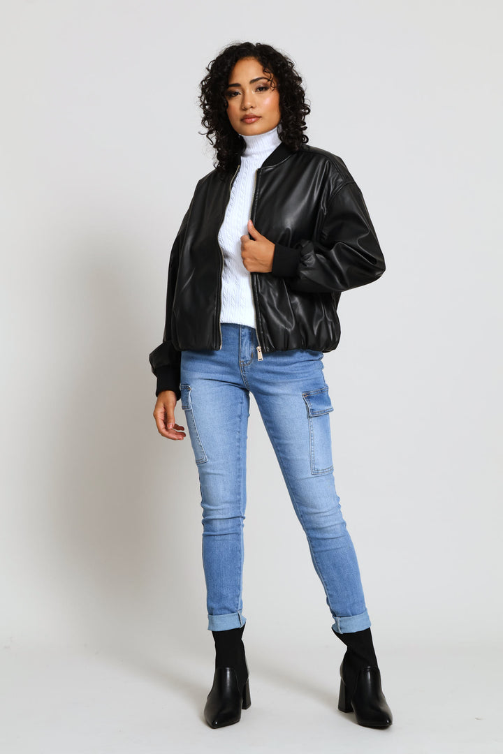 Bubble Hem Bomber Jacket - Black