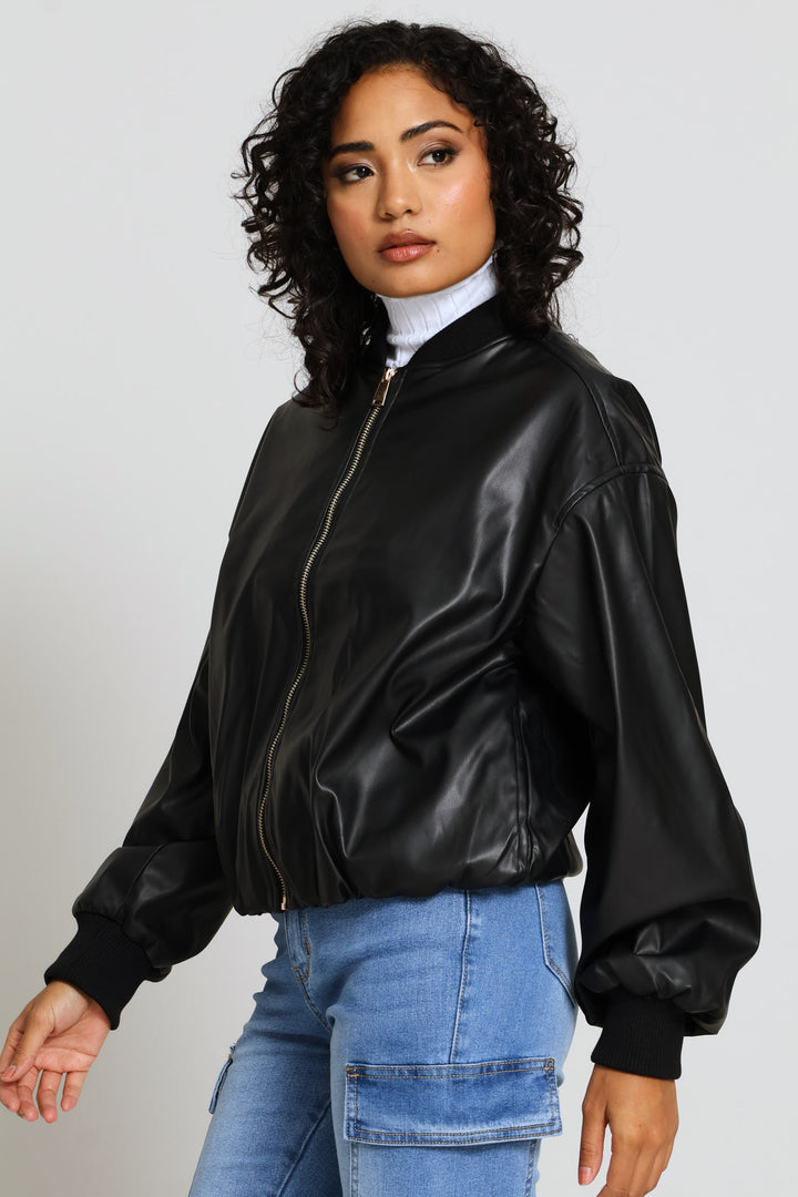 Bubble Hem Bomber Jacket - Black