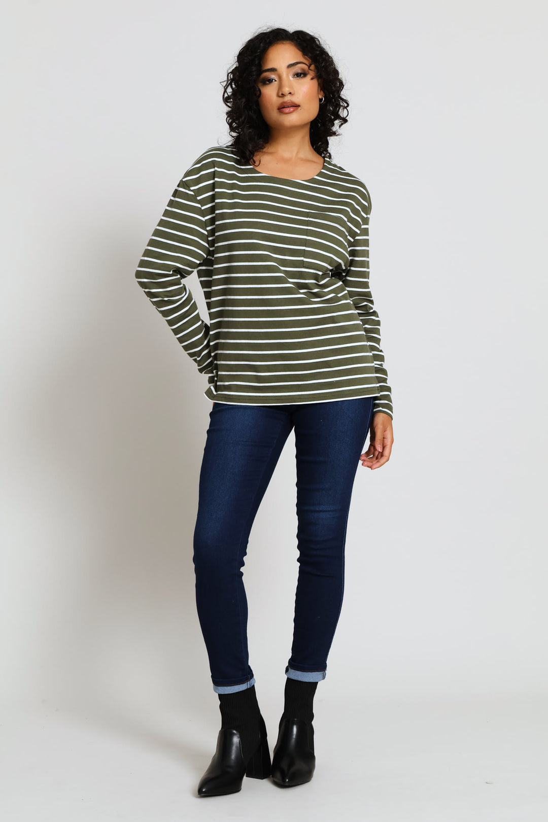 Cotton Pocket Stripe Top - Fatigue/Cream