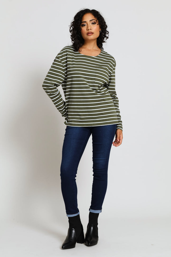 Cotton Pocket Stripe Top - Fatigue/Cream