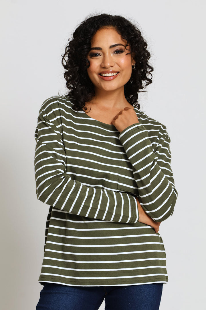 Cotton Pocket Stripe Top - Fatigue/Cream