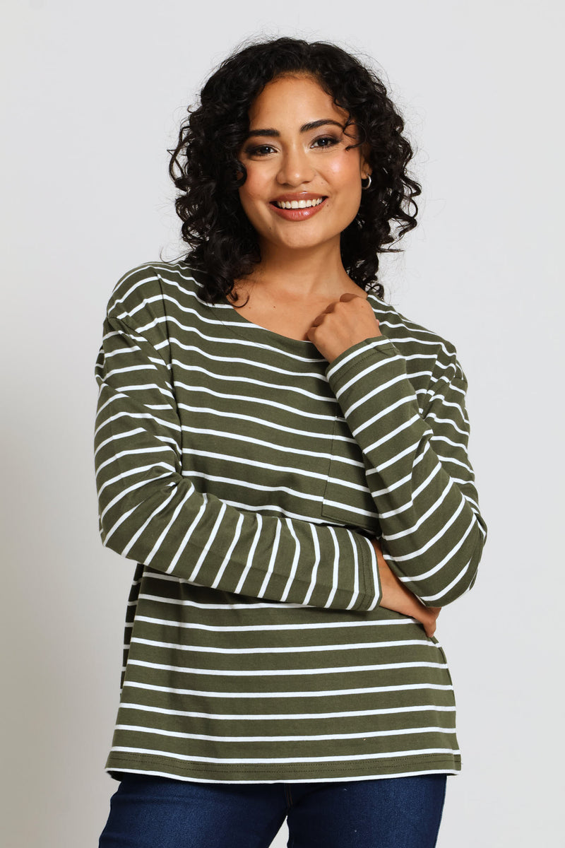 Cotton Pocket Stripe Top - Fatigue/Cream