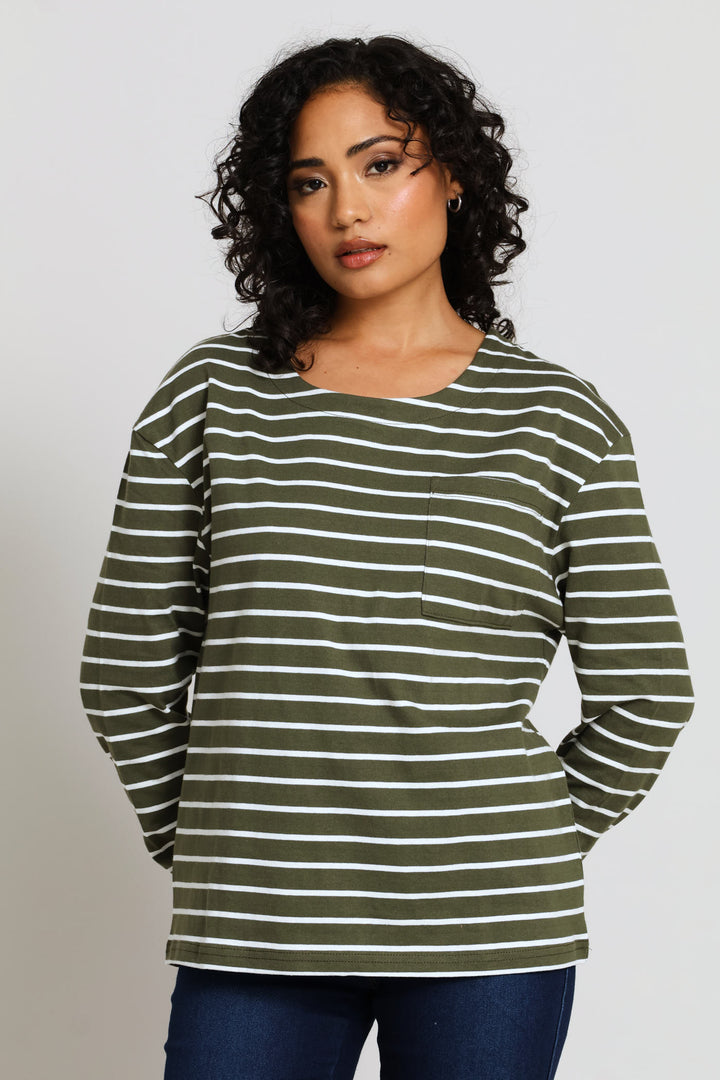 Cotton Pocket Stripe Top - Fatigue/Cream