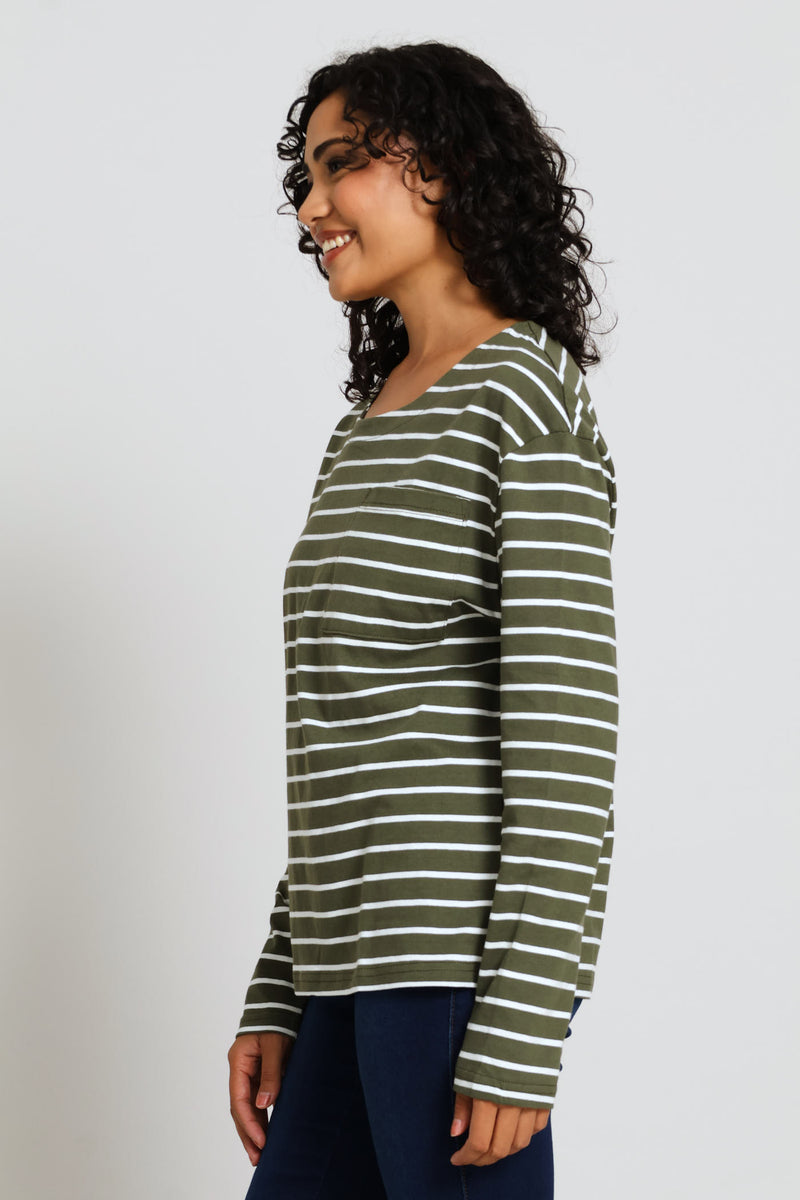 Cotton Pocket Stripe Top - Fatigue/Cream