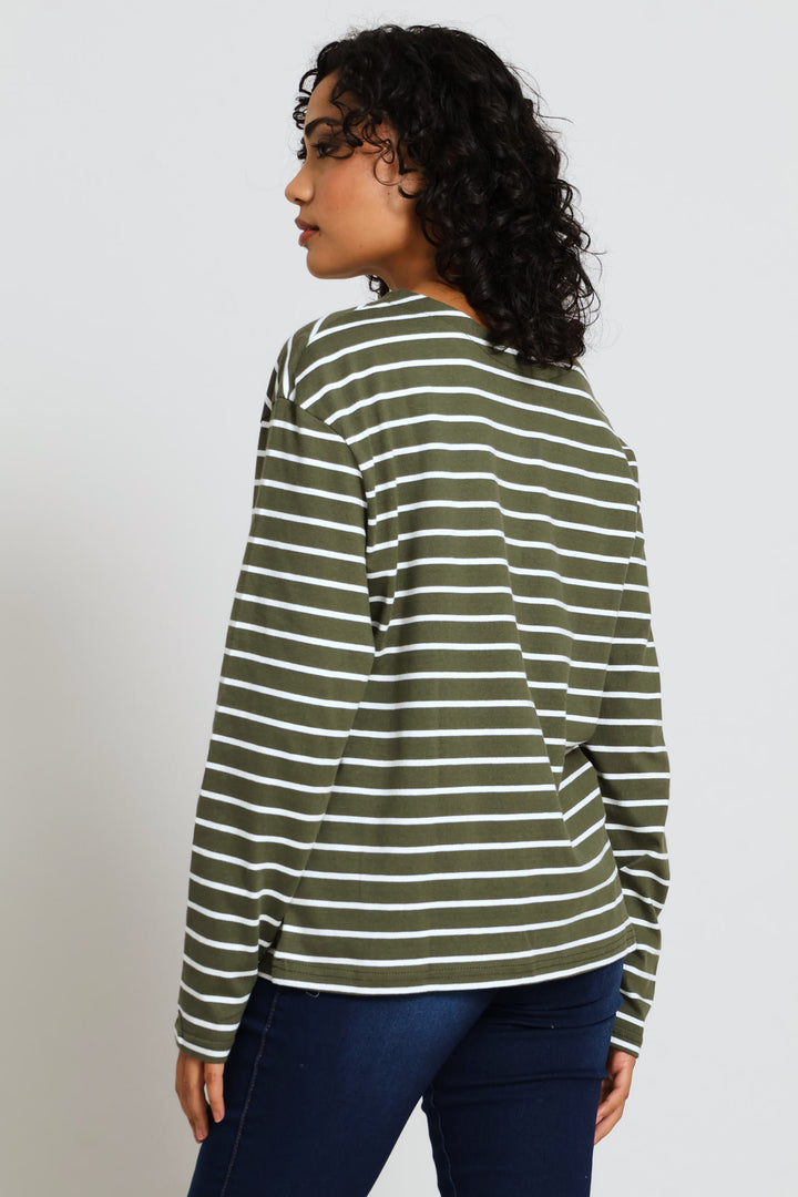 Cotton Pocket Stripe Top - Fatigue/Cream