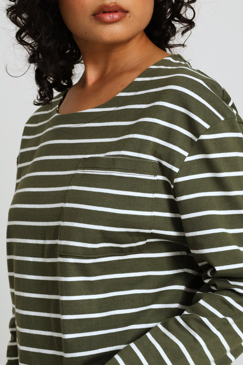 Cotton Pocket Stripe Top - Fatigue/Cream