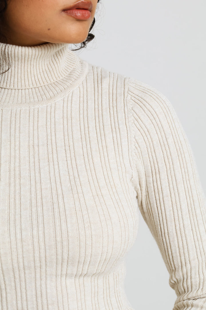 Plain Ribbed Poloneck - Oatmeal Melange