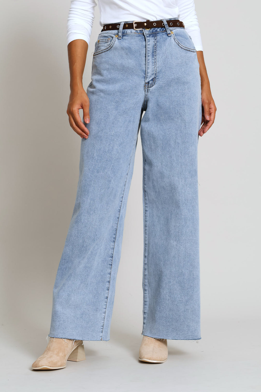 Raw Hem Eyelet Belted Wide Leg Ankle Grazer Denim - Light Wash