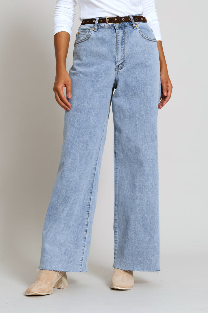 Raw Hem Eyelet Belted Wide Leg Ankle Grazer Denim - Light Wash