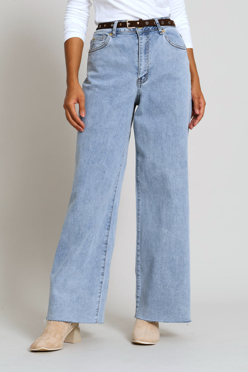 Raw Hem Eyelet Belted Wide Leg Ankle Grazer Denim - Light Wash