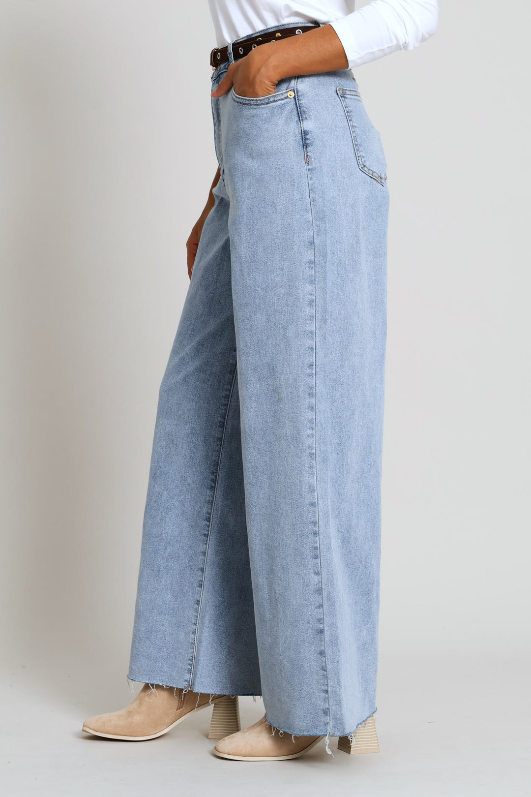 Raw Hem Eyelet Belted Wide Leg Ankle Grazer Denim - Light Wash