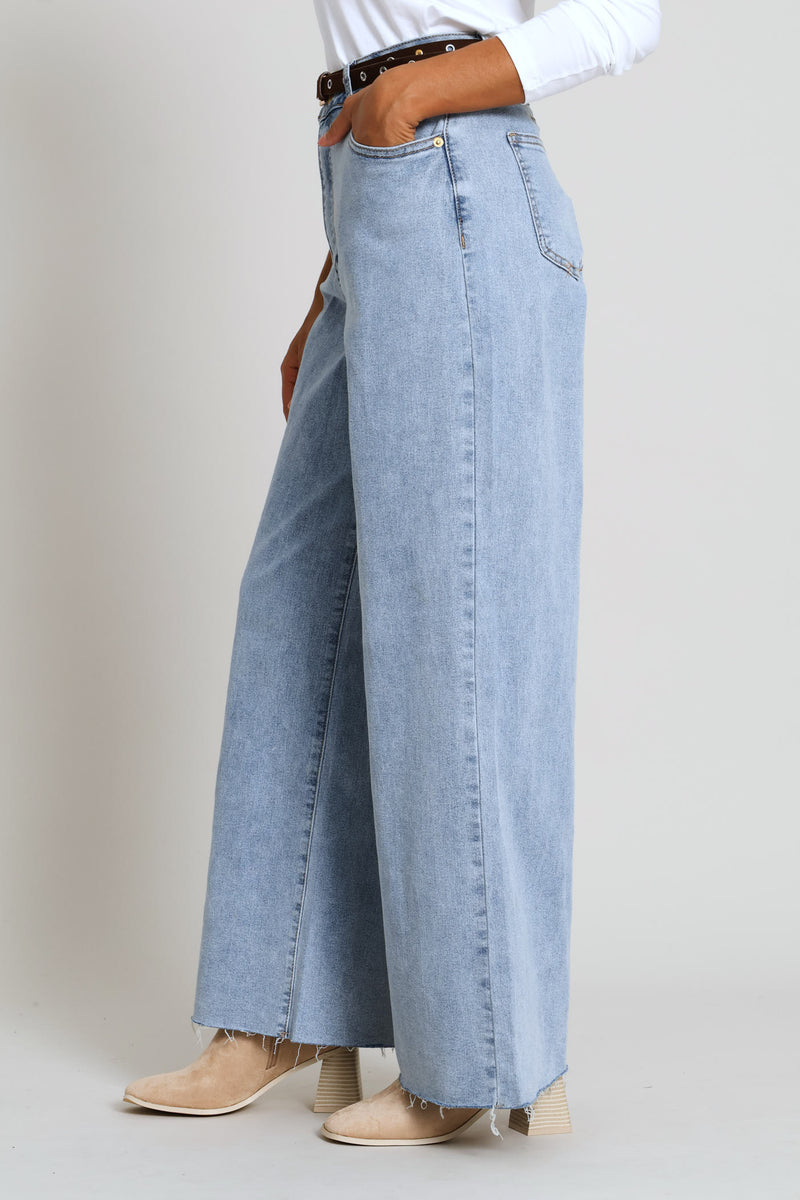 Raw Hem Eyelet Belted Wide Leg Ankle Grazer Denim - Light Wash
