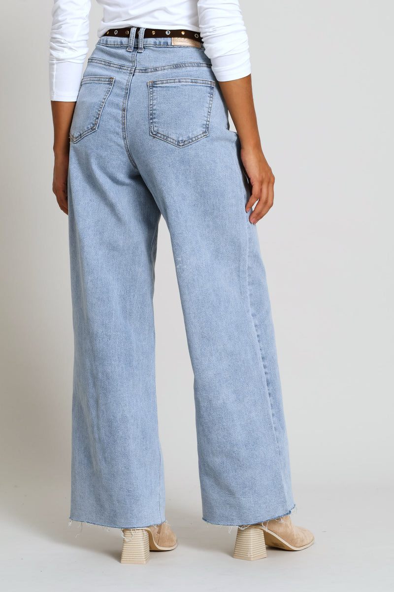 Raw Hem Eyelet Belted Wide Leg Ankle Grazer Denim - Light Wash