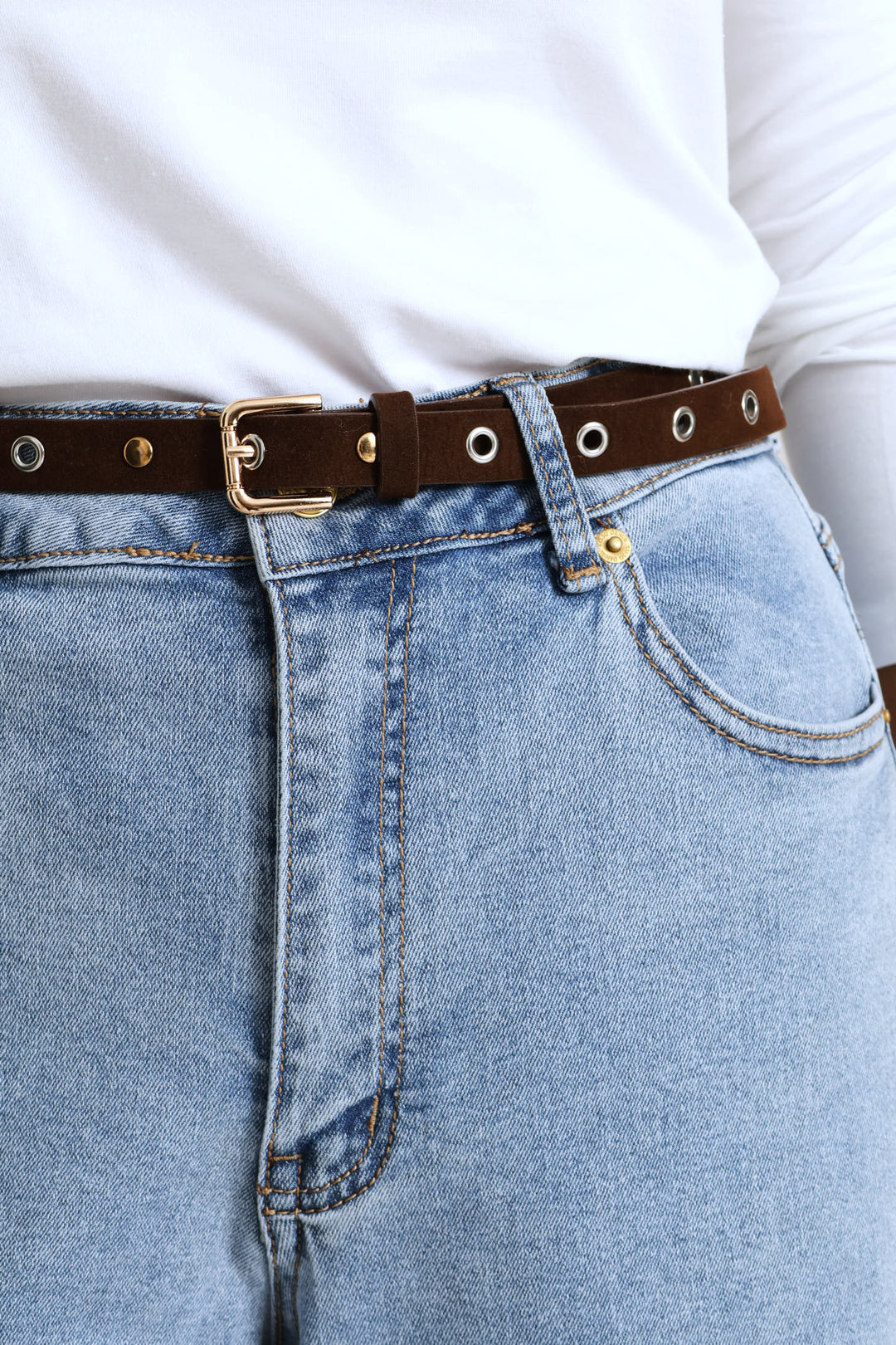 Raw Hem Eyelet Belted Wide Leg Ankle Grazer Denim - Light Wash