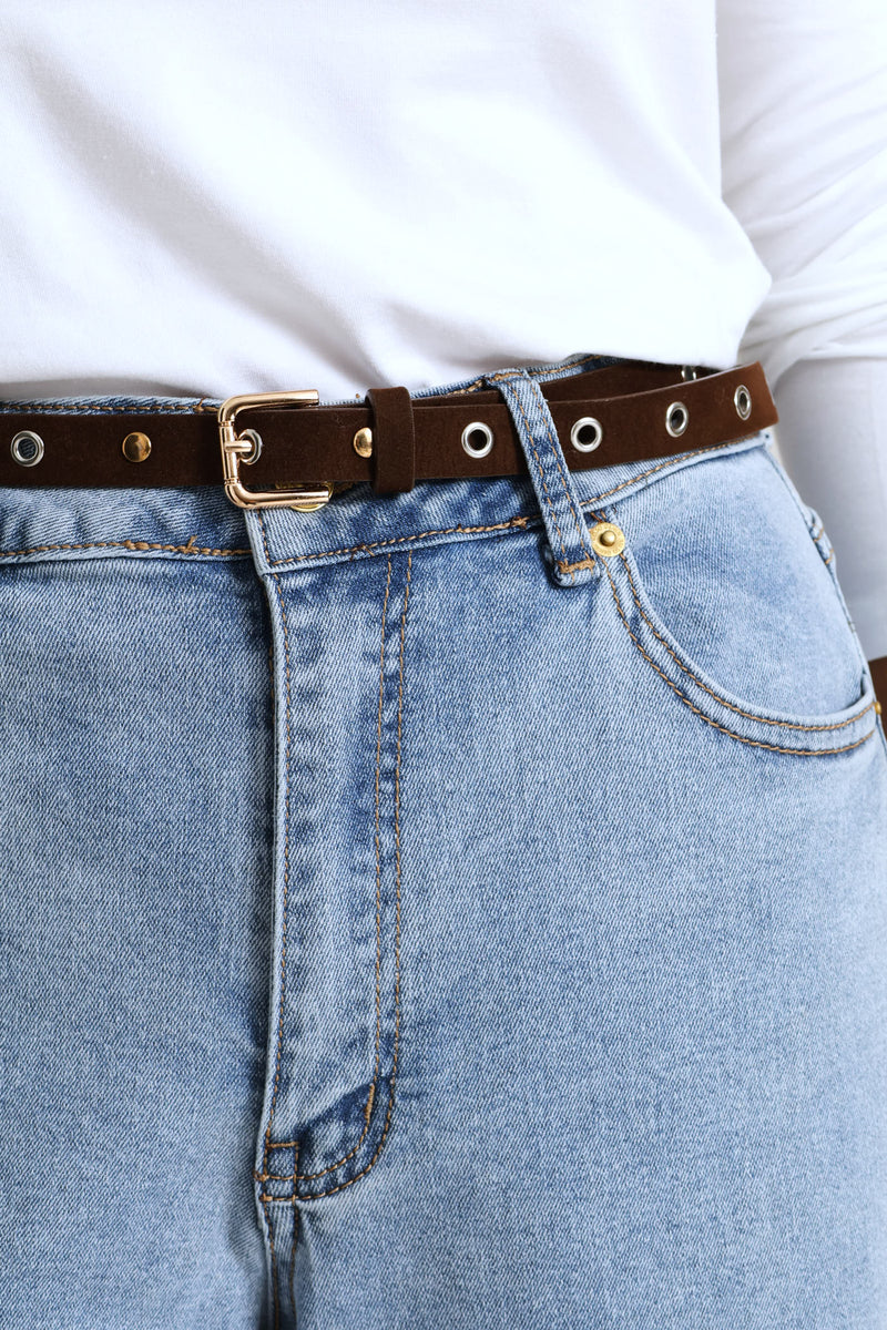 Raw Hem Eyelet Belted Wide Leg Ankle Grazer Denim - Light Wash