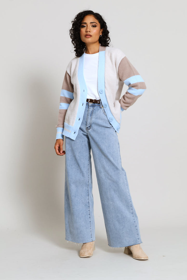 Long Length Colourblock Cardigan - Stone