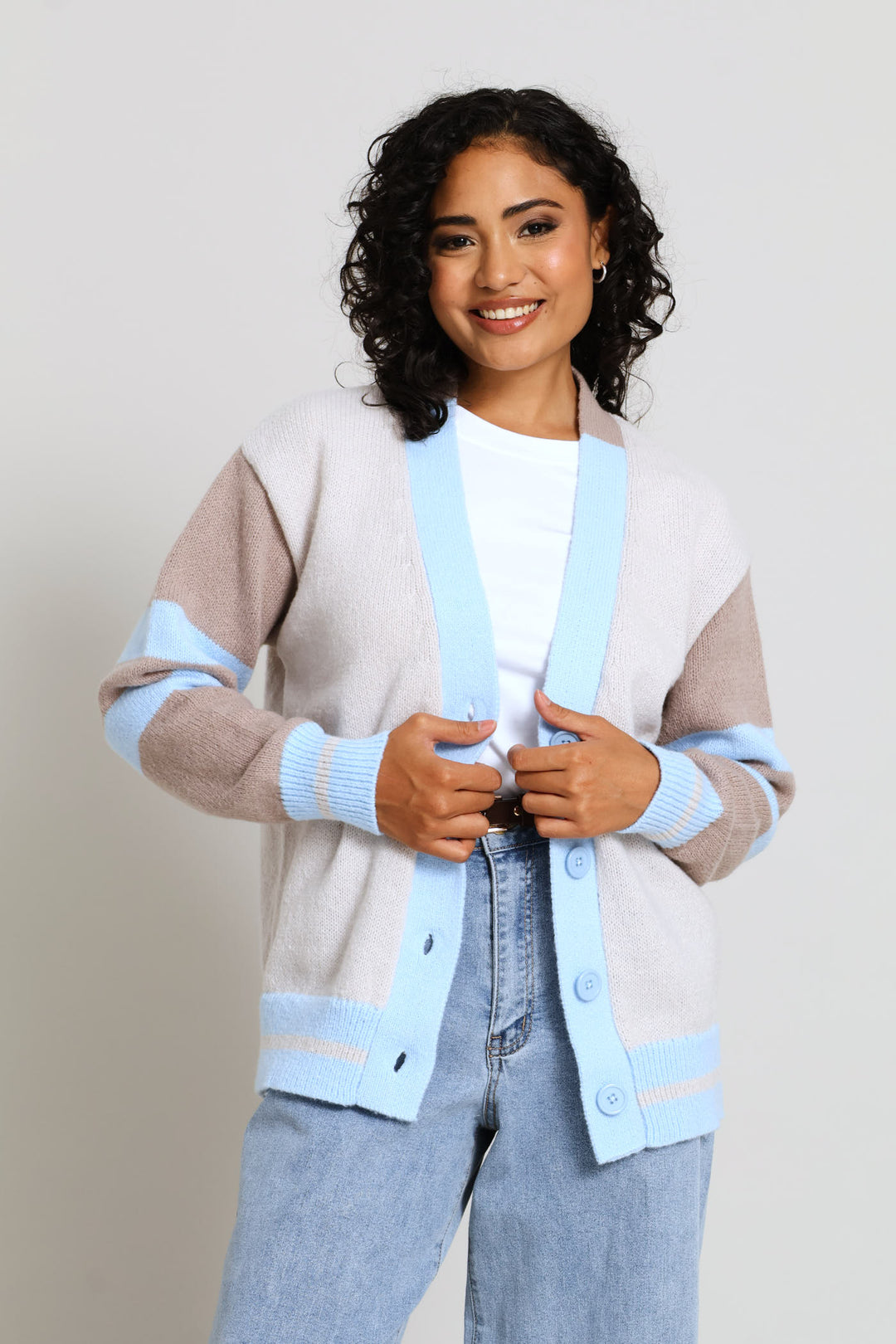 Long Length Colourblock Cardigan - Stone