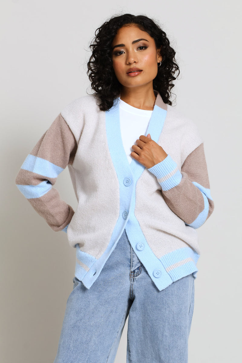 Long Length Colourblock Cardigan - Stone