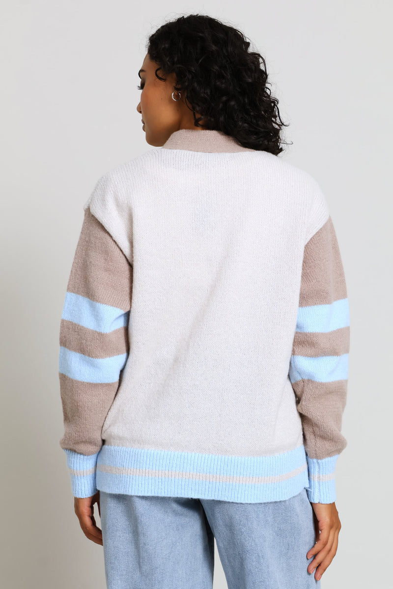 Long Length Colourblock Cardigan - Stone